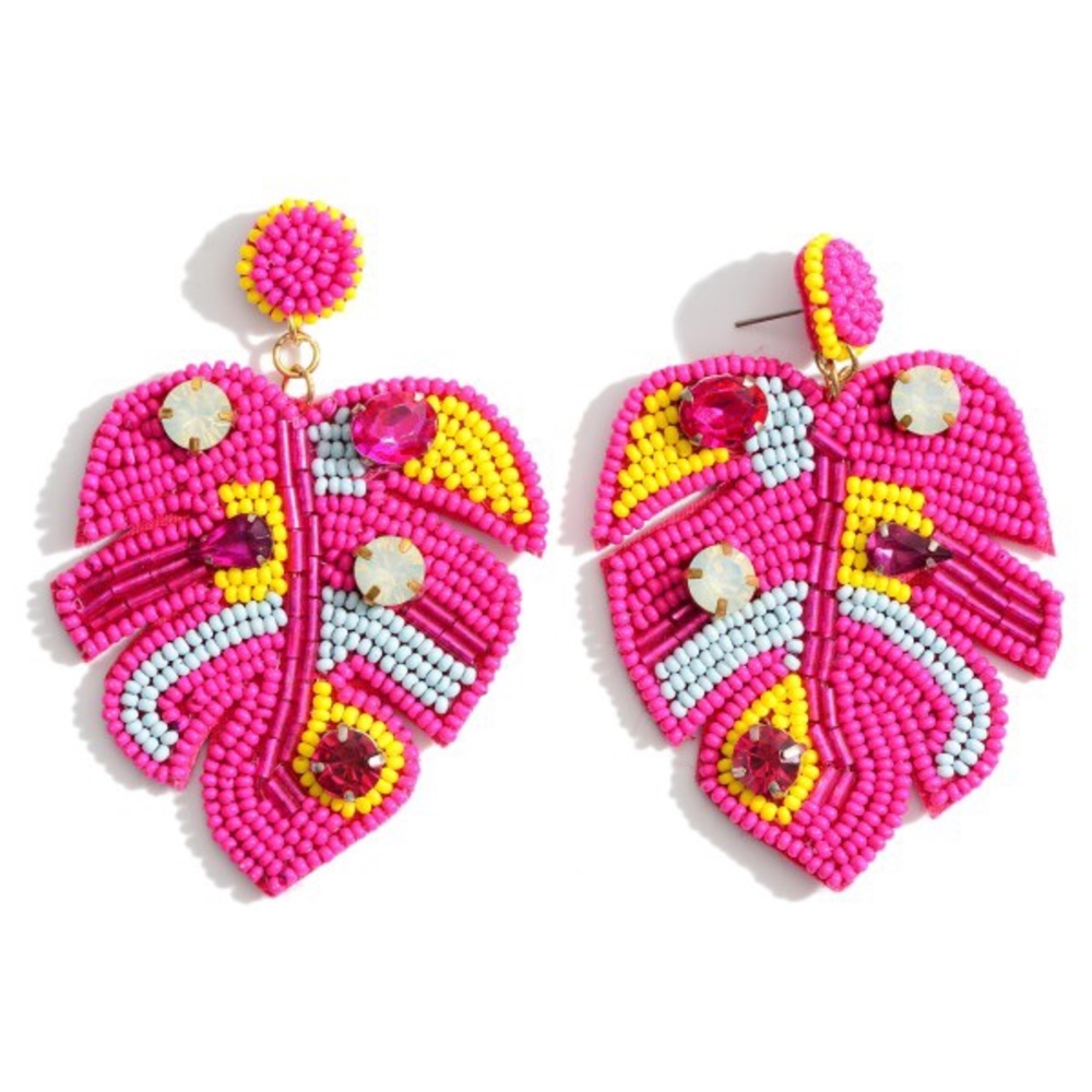 Pink Beaded Leaf Print Earrings Rhinestone